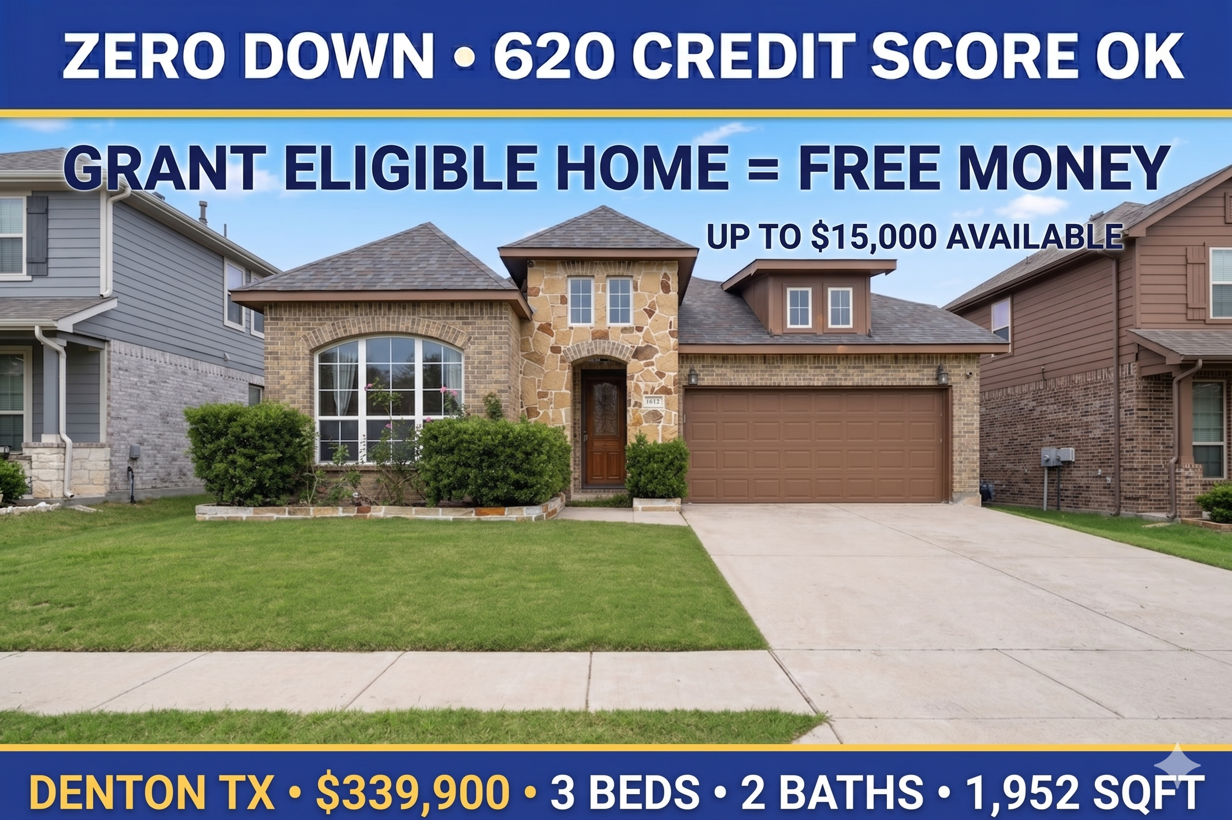 Grant eligible home in Denton, TX — $339,900, 3 beds, 2 baths, 1,952 sqft